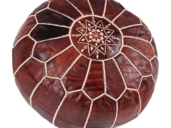 Moroccan-Leather-Pouf-Brown-3.jpg Brown Round Leather Pouf – Handstitched Moroccan Ottoman (21″ × 12″)