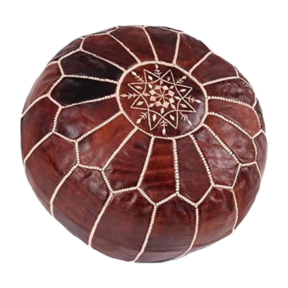Brown Round Leather Pouf – Handstitched Moroccan Ottoman (21″ × 12″)