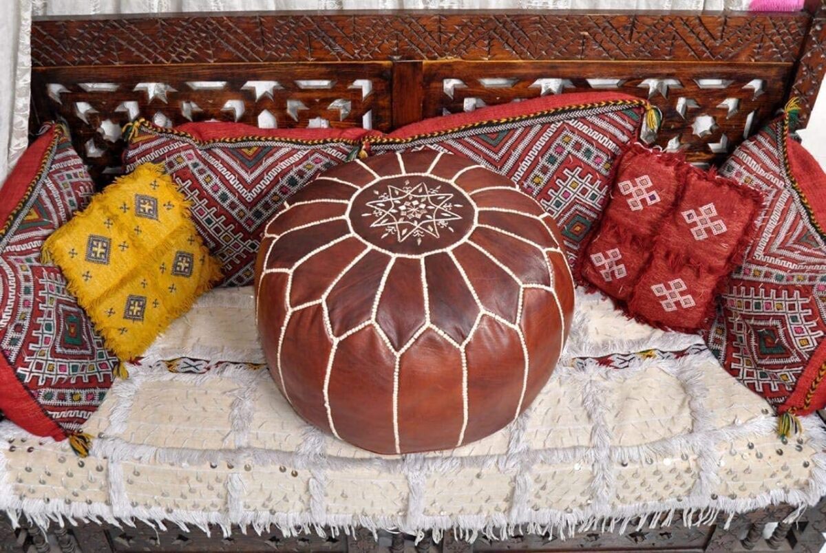 Brown Round Leather Pouf – Handstitched Moroccan Ottoman (21″ × 12″)