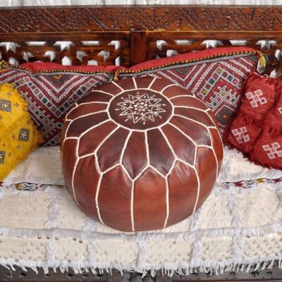 Brown Round Leather Pouf – Handstitched Moroccan Ottoman (21″ × 12″)