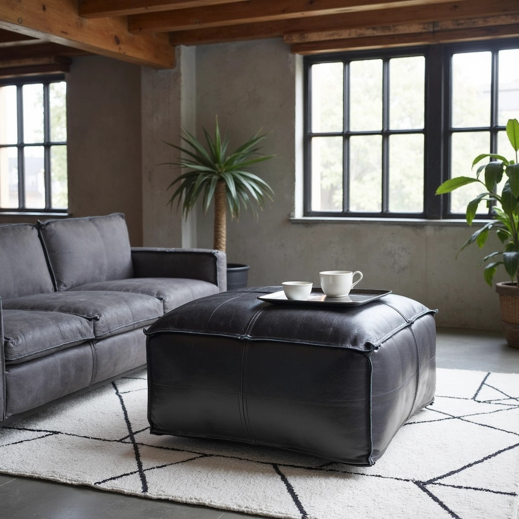 Black Moroccan Leather Pouf – Handcrafted Square Ottoman (Custom Sizes 10″–24″)