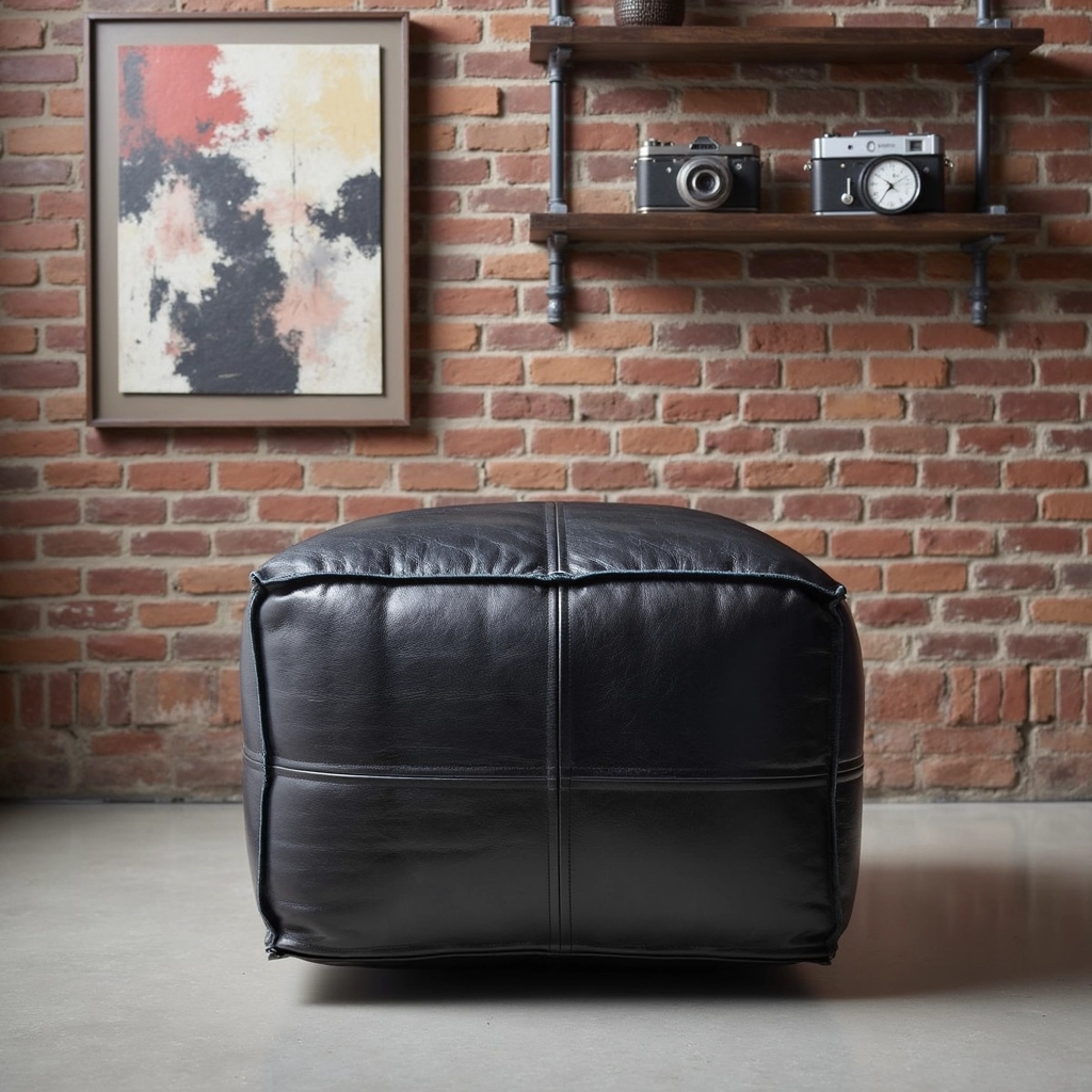 Black Moroccan Leather Pouf – Handcrafted Square Ottoman (Custom Sizes 10″–24″)