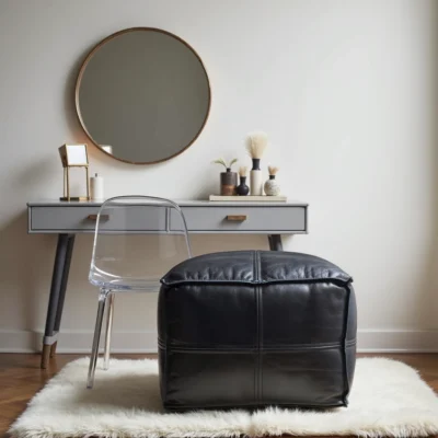 Black Moroccan Leather Pouf – Handcrafted Square Ottoman (Custom Sizes 10″–24″)