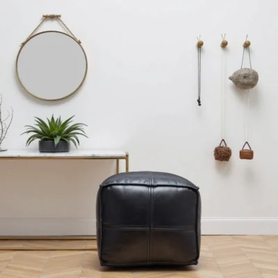 Black Moroccan Leather Pouf – Handcrafted Square Ottoman (Custom Sizes 10″–24″)
