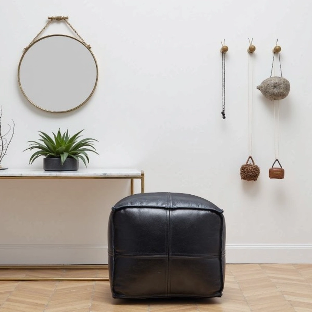 Black Moroccan Leather Pouf – Handcrafted Square Ottoman (Custom Sizes 10″–24″)