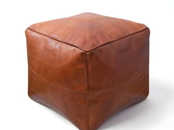 Moroccan Square Leather Pouf – Handcrafted Light Brown Ottoman (16″ × 16″ × 16″)
