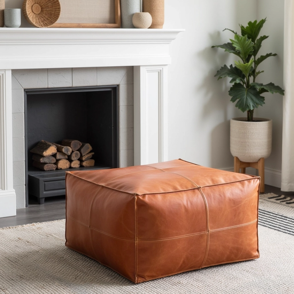 Moroccan-Square-Natural-Pouf-in-Brown-and-Light-Brown-3.webp Handcrafted Moroccan Square Leather Pouf – Natural Brown or Tan Ottoman (Custom Sizes)