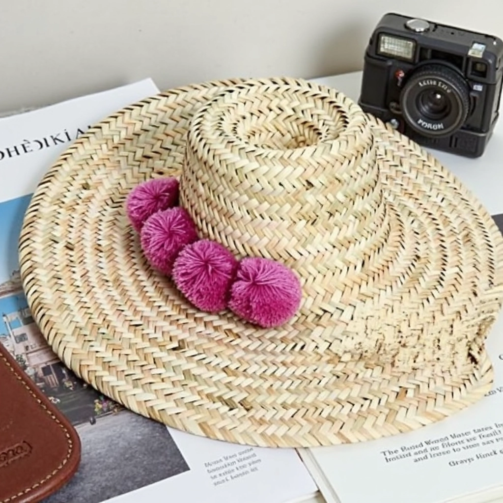 Moroccan-Straw-Beach-Hat-With-Pompom-3.webp Handwoven Moroccan Pompom Straw Beach Hat – 26″ Wide Brim Boho Sun Hat