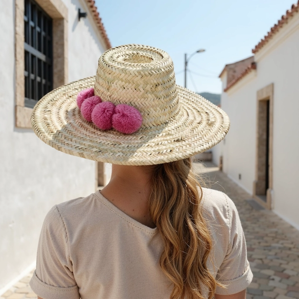 Moroccan-Straw-Beach-Hat-With-Pompom-6.webp Handwoven Moroccan Pompom Straw Beach Hat – 26″ Wide Brim Boho Sun Hat