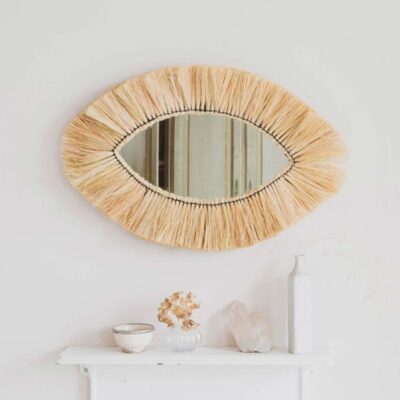 Moroccan Straw Eye Mirror – Handwoven Raffia Wall Decor | Boho Wall Accent