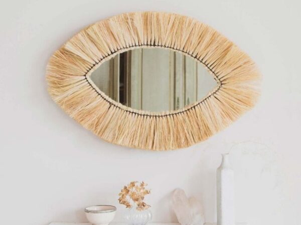 Moroccan Straw Eye Mirror – Handwoven Raffia Wall Decor | Boho Wall Accent