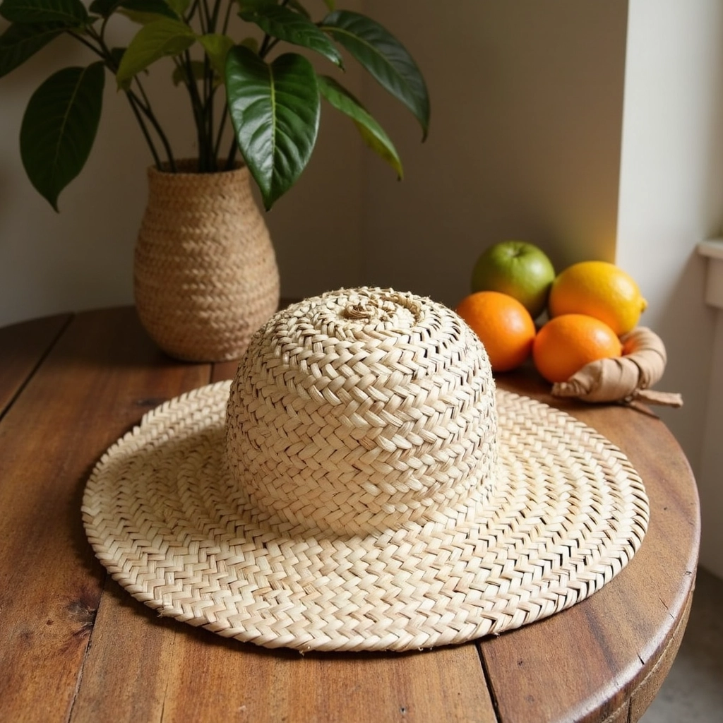 Moroccan-Straw-hats-Palm-Leaf-Hat-5-1.webp Handwoven Moroccan Wide Brim Straw Hat Set – Natural Palm Straw (ø 40 cm)