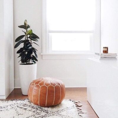 Handcrafted Tan Leather Pouf – Moroccan Ottoman with Snowflake Embroidery (21″ × 12″)