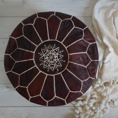 Dark Brown Leather Pouf Ottoman – Handcrafted Moroccan Round Pouf (21″ × 12″)
