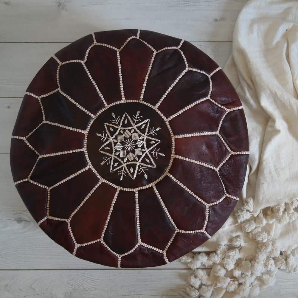 Dark Brown Leather Pouf Ottoman – Handcrafted Moroccan Round Pouf (21″ × 12″)