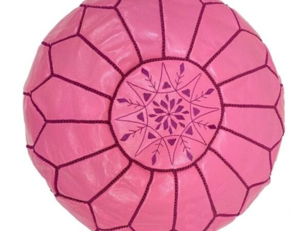 Handcrafted Moroccan Pink Leather Pouf – Round Ottoman (20″ × 12″)