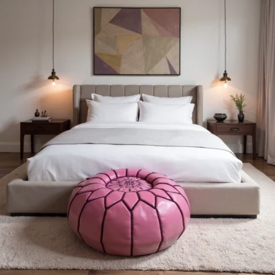 Handcrafted Moroccan Pink Leather Pouf – Round Ottoman (20″ × 12″)