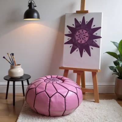 Handcrafted Moroccan Pink Leather Pouf – Round Ottoman (20″ × 12″)