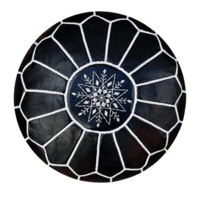 Black Moroccan Leather Pouf – Handcrafted Round Ottoman with White Stitching (21″ × 12″)