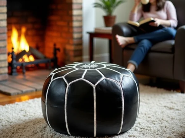 Round-Black-Moroccan-Leather-Pouf-with-White-Stitch-3.webp Black Moroccan Leather Pouf – Handcrafted Round Ottoman with White Stitching (21″ × 12″)