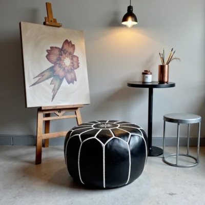 Black Moroccan Leather Pouf – Handcrafted Round Ottoman with White Stitching (21″ × 12″)