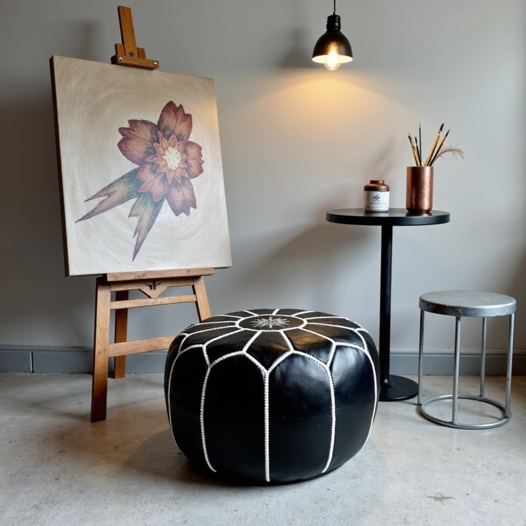 Black Moroccan Leather Pouf – Handcrafted Round Ottoman with White Stitching (21″ × 12″)