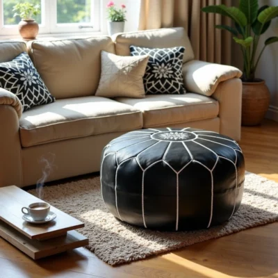 Black Moroccan Leather Pouf – Handcrafted Round Ottoman with White Stitching (21″ × 12″)