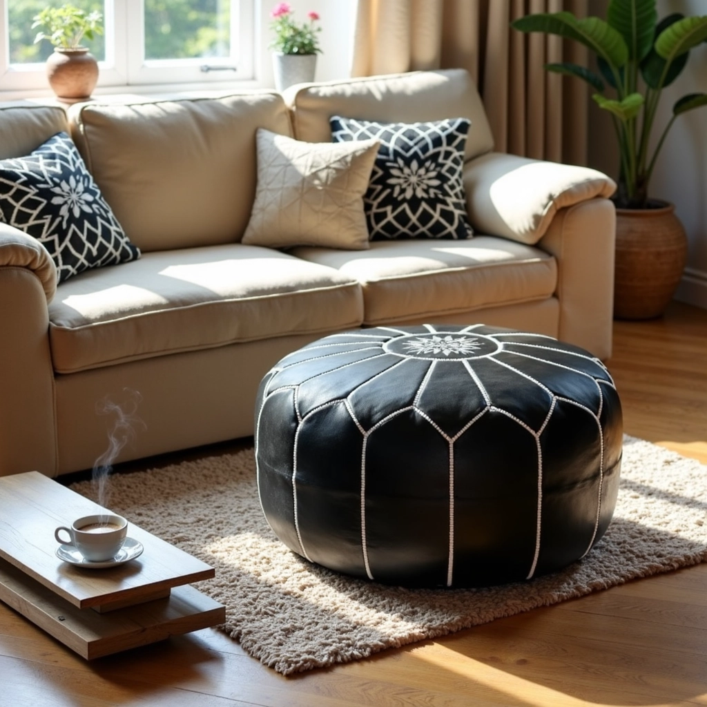 Black Moroccan Leather Pouf – Handcrafted Round Ottoman with White Stitching (21″ × 12″)
