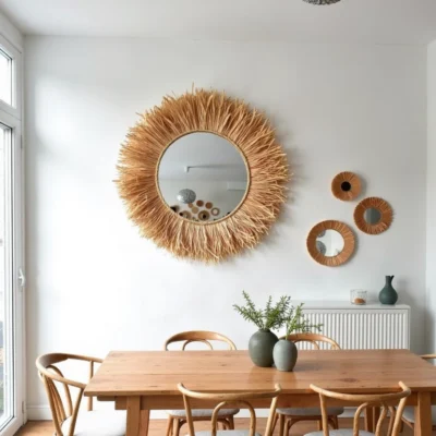 Round Boho Mirror with Handmade Straw Frame – Natural Raffia Wall Decor (Small, Medium)