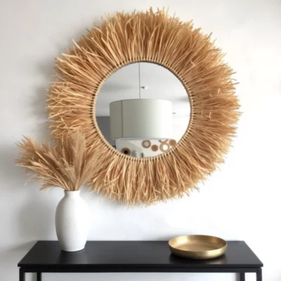 Round Boho Mirror with Handmade Straw Frame – Natural Raffia Wall Decor (Small, Medium)