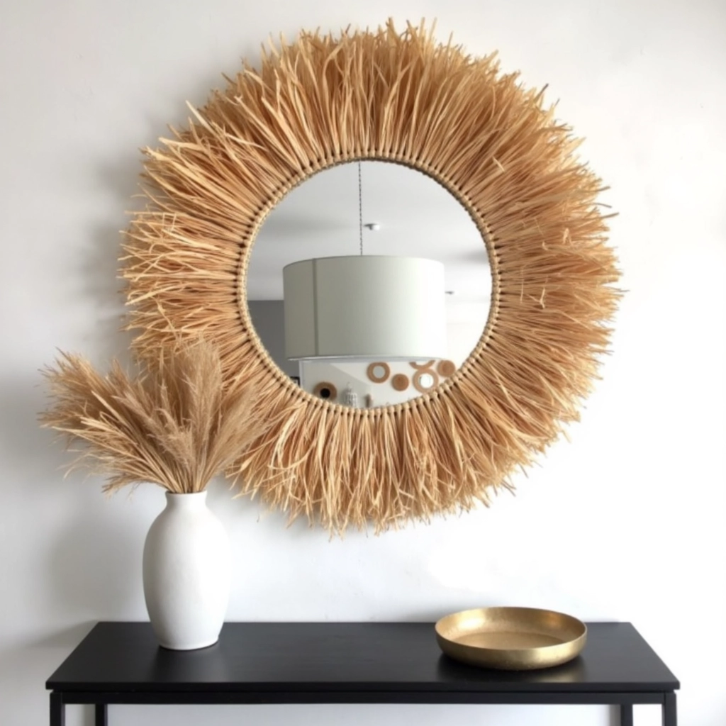 Round Boho Mirror with Handmade Straw Frame – Natural Raffia Wall Decor (Small, Medium)