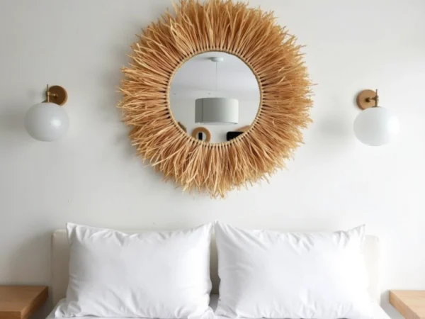 Round Boho Mirror with Handmade Straw Frame – Natural Raffia Wall Decor (Small, Medium)