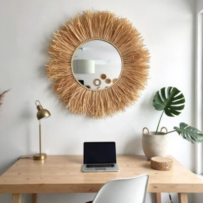 Round Boho Mirror with Handmade Straw Frame – Natural Raffia Wall Decor (Small, Medium)