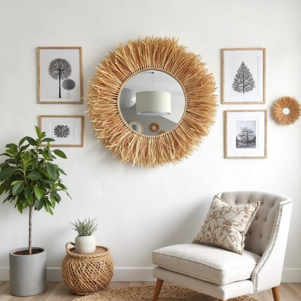 Round Boho Mirror with Handmade Straw Frame – Natural Raffia Wall Decor (Small, Medium)
