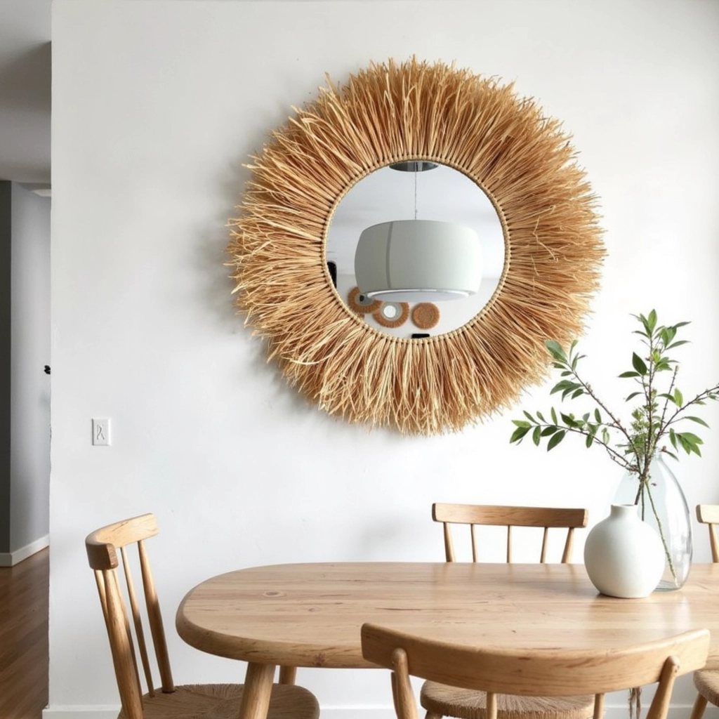 Round Boho Mirror with Handmade Straw Frame – Natural Raffia Wall Decor (Small, Medium)