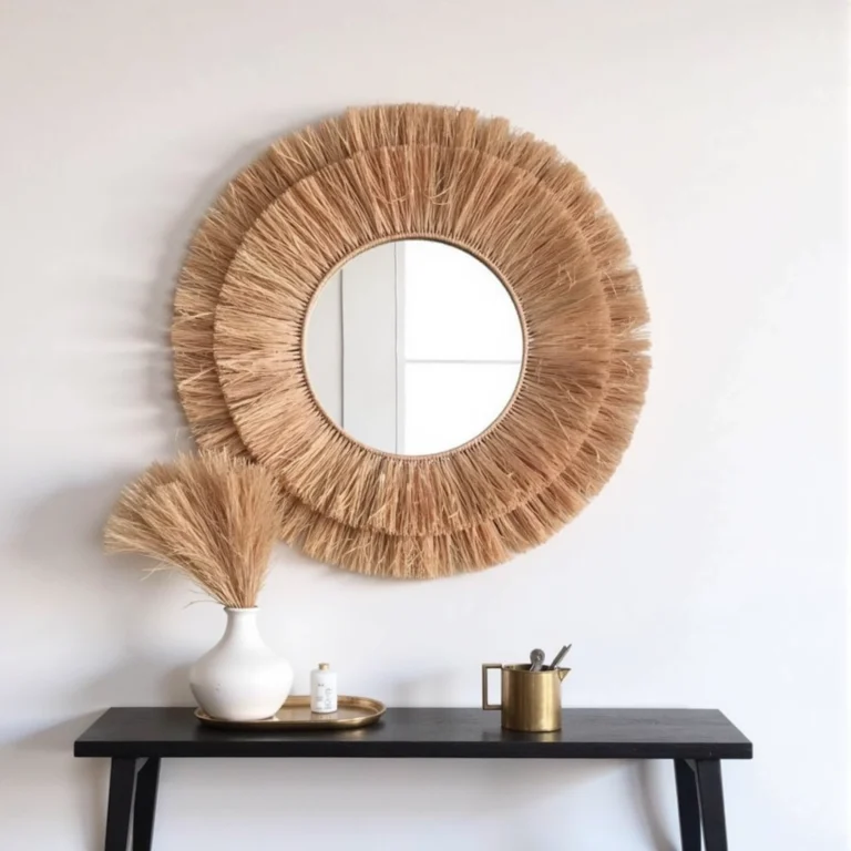 Round-Farmhouse-Mirror-With-Straw-7.webp Round Farmhouse Straw Mirror – Handwoven Raffia Wall Decor (Small, Medium)