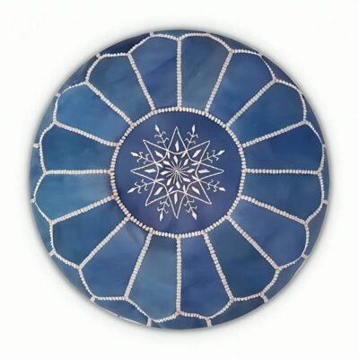 Denim Blue Leather Pouf – Handcrafted Moroccan Ottoman with Sunburst Stitching