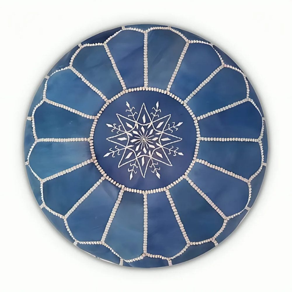 Denim Blue Leather Pouf – Handcrafted Moroccan Ottoman with Sunburst Stitching