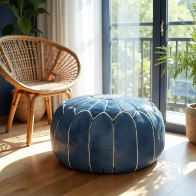 Denim Blue Leather Pouf – Handcrafted Moroccan Ottoman with Sunburst Stitching