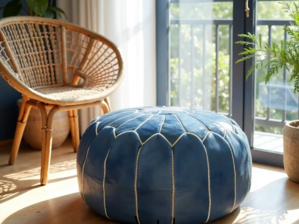 Round-Moroccan-Leather-Pouf-Blue-2.webp Denim Blue Leather Pouf – Handcrafted Moroccan Ottoman with Sunburst Stitching
