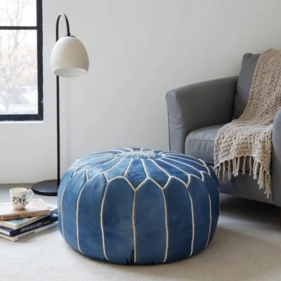 Denim Blue Leather Pouf – Handcrafted Moroccan Ottoman with Sunburst Stitching