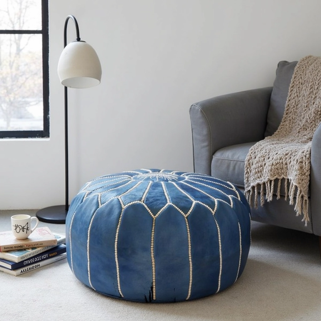 Denim Blue Leather Pouf – Handcrafted Moroccan Ottoman with Sunburst Stitching