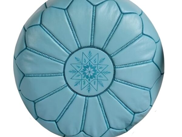 Sky Blue Leather Pouf Ottoman – Handcrafted Moroccan Round Pouf (21″ × 12″)