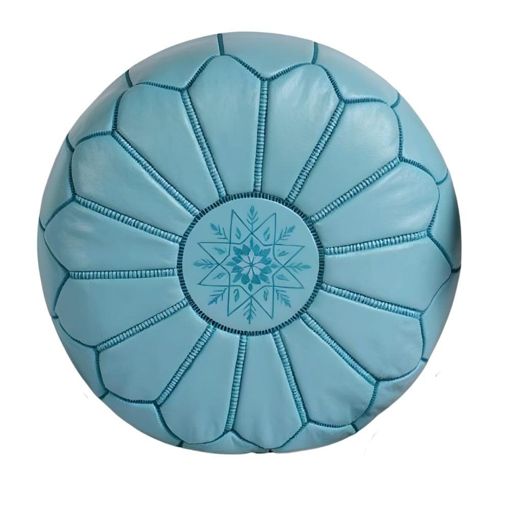 Sky Blue Leather Pouf Ottoman – Handcrafted Moroccan Round Pouf (21″ × 12″)