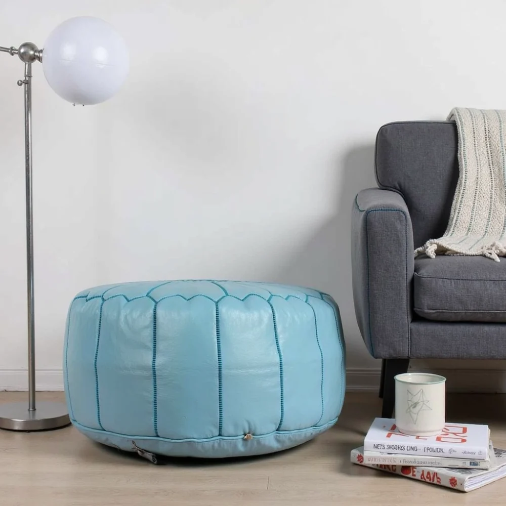 Sky Blue Leather Pouf Ottoman – Handcrafted Moroccan Round Pouf (21″ × 12″)