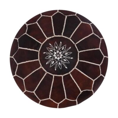Dark Brown Leather Pouf Ottoman – Handcrafted Moroccan Round Pouf (21″ × 12″)