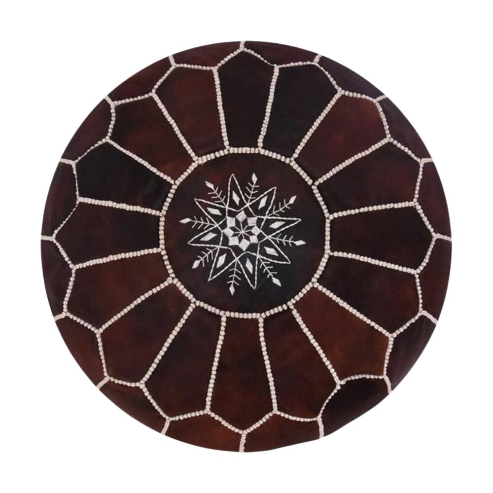 Dark Brown Leather Pouf Ottoman – Handcrafted Moroccan Round Pouf (21″ × 12″)
