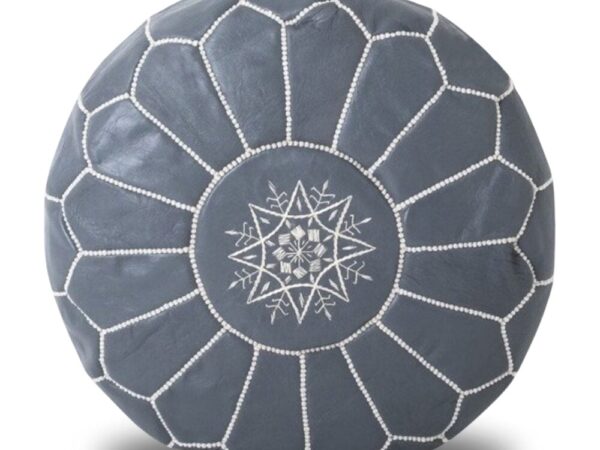Round-Moroccan-Leather-Pouf-Gray.jpg Gray Moroccan Leather Pouf – Handcrafted Round Ottoman (21″ × 12″)