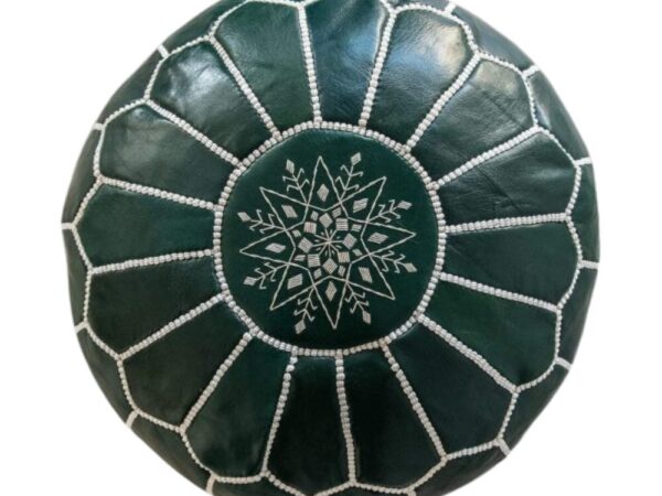 Round-Moroccan-Leather-Pouf-Green-2.jpg Handcrafted Green Leather Pouf – 21″ Moroccan Round Ottoman with White Stitching