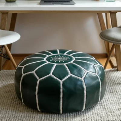 Handcrafted Green Leather Pouf – 21″ Moroccan Round Ottoman with White Stitching